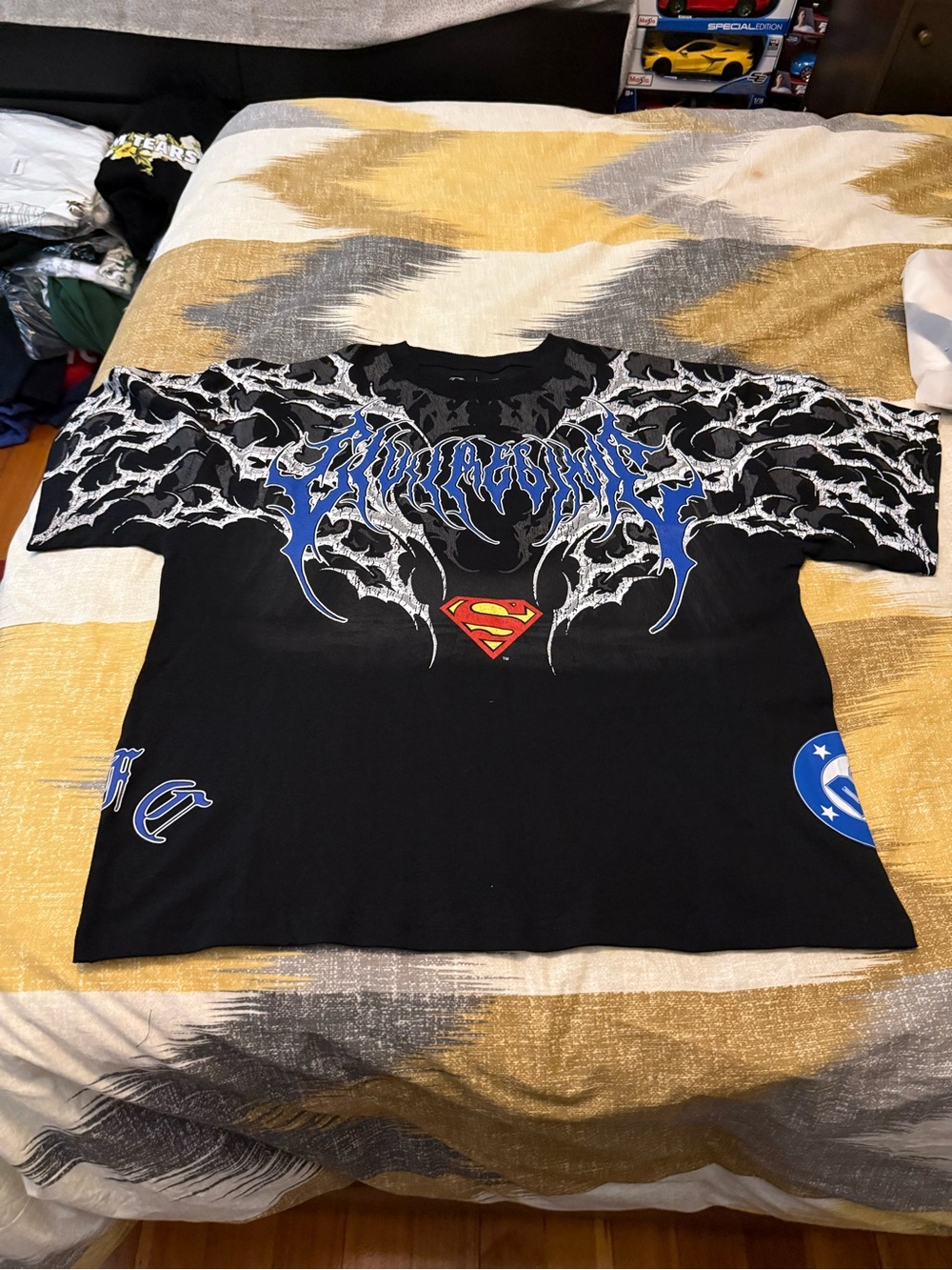 Civil Regime Men’s Black Graphic Superman Chest Tee with Blue Accents size M